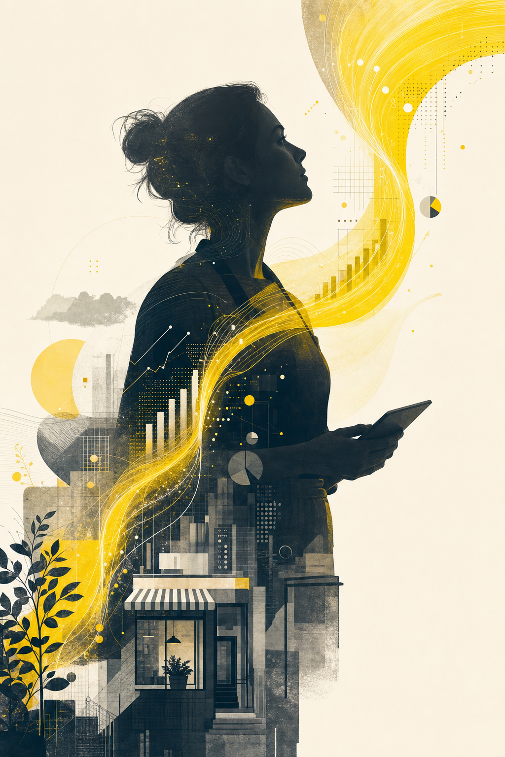 Editorial illustration of a small business owner with flowing data and ideas